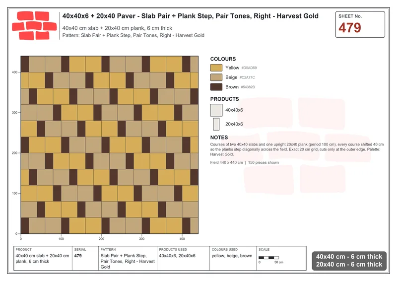 Interlock (Pasco) 40x40 cm · SQ44-479 · Slab Pair + Plank Step, Pair Tones, Right - Harvest Gold · Laying plan Interlock (Pasco) 40x40 cm · SQ44-479 · Slab Pair + Plank Step, Pair Tones, Right - Harvest Gold · Laying plan