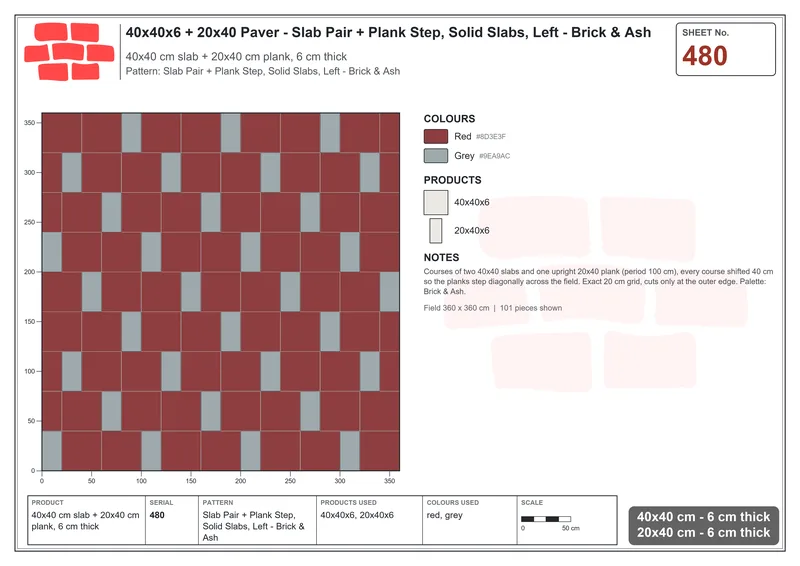 Interlock (Pasco) 40x40 cm · SQ44-480 · Slab Pair + Plank Step, Solid Slabs, Left - Brick & Ash · Laying plan Interlock (Pasco) 40x40 cm · SQ44-480 · Slab Pair + Plank Step, Solid Slabs, Left - Brick & Ash · Laying plan