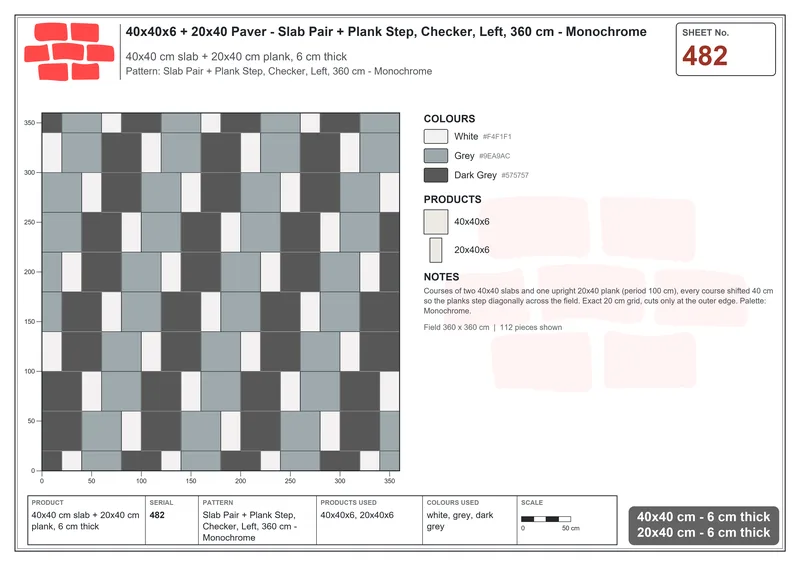 Interlock (Pasco) 40x40 cm · SQ44-482 · Slab Pair + Plank Step, Checker, Left, 360 cm - Monochrome · Laying plan Interlock (Pasco) 40x40 cm · SQ44-482 · Slab Pair + Plank Step, Checker, Left, 360 cm - Monochrome · Laying plan