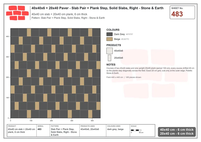 Interlock (Pasco) 40x40 cm · SQ44-483 · Slab Pair + Plank Step, Solid Slabs, Right - Stone & Earth · Laying plan Interlock (Pasco) 40x40 cm · SQ44-483 · Slab Pair + Plank Step, Solid Slabs, Right - Stone & Earth · Laying plan