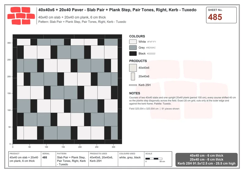 Interlock (Pasco) 40x40 cm · SQ44-485 · Slab Pair + Plank Step, Pair Tones, Right, Kerb - Tuxedo · Laying plan Interlock (Pasco) 40x40 cm · SQ44-485 · Slab Pair + Plank Step, Pair Tones, Right, Kerb - Tuxedo · Laying plan
