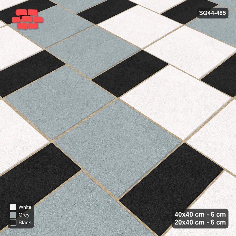 Interlock (Pasco) 40x40 cm · SQ44-485 · Slab Pair + Plank Step, Pair Tones, Right, Kerb - Tuxedo · Side view Interlock (Pasco) 40x40 cm · SQ44-485 · Slab Pair + Plank Step, Pair Tones, Right, Kerb - Tuxedo · Side view
