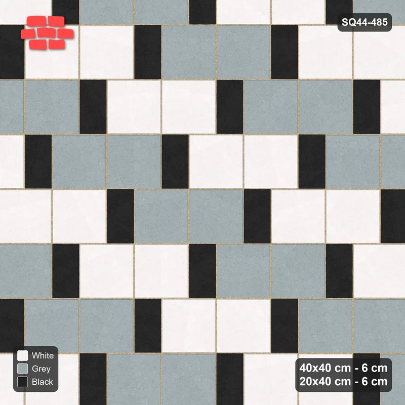 Interlock (Pasco) 40x40 cm · SQ44-485 · Slab Pair + Plank Step, Pair Tones, Right, Kerb - Tuxedo · Top view Interlock (Pasco) 40x40 cm · SQ44-485 · Slab Pair + Plank Step, Pair Tones, Right, Kerb - Tuxedo · Top view