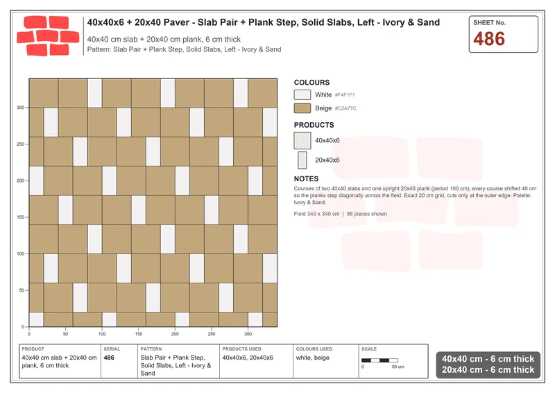 Interlock (Pasco) 40x40 cm · SQ44-486 · Slab Pair + Plank Step, Solid Slabs, Left - Ivory & Sand · Laying plan Interlock (Pasco) 40x40 cm · SQ44-486 · Slab Pair + Plank Step, Solid Slabs, Left - Ivory & Sand · Laying plan