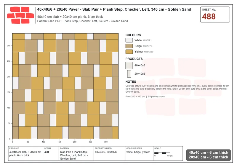 Interlock (Pasco) 40x40 cm · SQ44-488 · Slab Pair + Plank Step, Checker, Left, 340 cm - Golden Sand · Laying plan Interlock (Pasco) 40x40 cm · SQ44-488 · Slab Pair + Plank Step, Checker, Left, 340 cm - Golden Sand · Laying plan