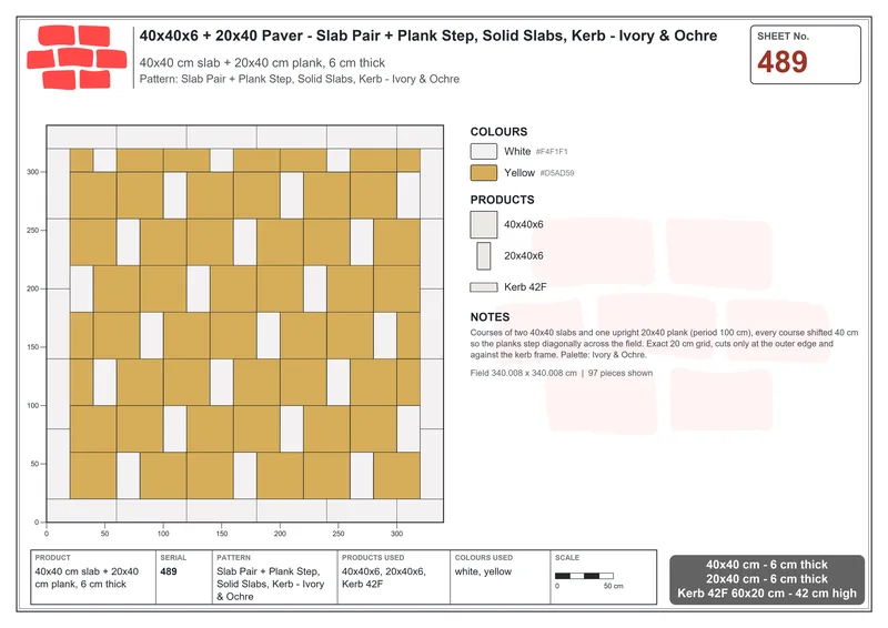 Interlock (Pasco) 40x40 cm · SQ44-489 · Slab Pair + Plank Step, Solid Slabs, Kerb - Ivory & Ochre · Laying plan Interlock (Pasco) 40x40 cm · SQ44-489 · Slab Pair + Plank Step, Solid Slabs, Kerb - Ivory & Ochre · Laying plan