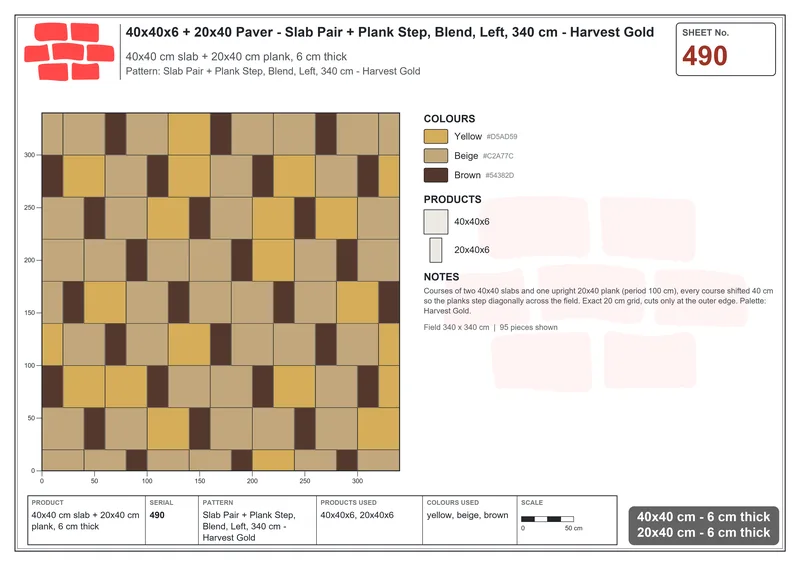 Interlock (Pasco) 40x40 cm · SQ44-490 · Slab Pair + Plank Step, Blend, Left, 340 cm - Harvest Gold · Laying plan Interlock (Pasco) 40x40 cm · SQ44-490 · Slab Pair + Plank Step, Blend, Left, 340 cm - Harvest Gold · Laying plan