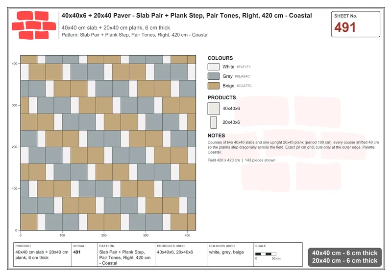 Interlock (Pasco) 40x40 cm · SQ44-491 · Slab Pair + Plank Step, Pair Tones, Right, 420 cm - Coastal · Laying plan Interlock (Pasco) 40x40 cm · SQ44-491 · Slab Pair + Plank Step, Pair Tones, Right, 420 cm - Coastal · Laying plan
