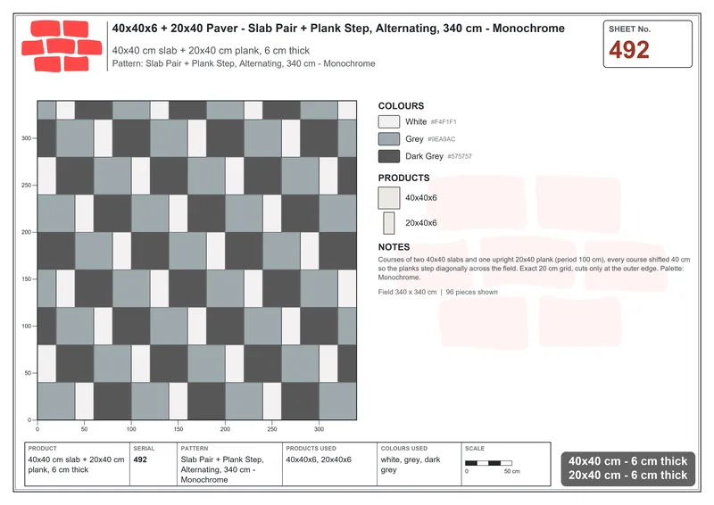 Interlock (Pasco) 40x40 cm · SQ44-492 · Slab Pair + Plank Step, Alternating, 340 cm - Monochrome · Laying plan Interlock (Pasco) 40x40 cm · SQ44-492 · Slab Pair + Plank Step, Alternating, 340 cm - Monochrome · Laying plan