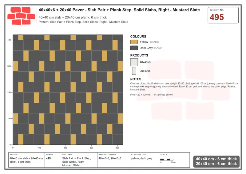 Interlock (Pasco) 40x40 cm · SQ44-495 · Slab Pair + Plank Step, Solid Slabs, Right - Mustard Slate · Laying plan Interlock (Pasco) 40x40 cm · SQ44-495 · Slab Pair + Plank Step, Solid Slabs, Right - Mustard Slate · Laying plan