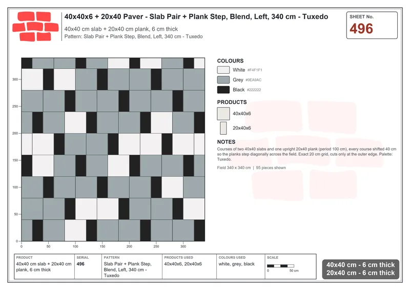 Interlock (Pasco) 40x40 cm · SQ44-496 · Slab Pair + Plank Step, Blend, Left, 340 cm - Tuxedo · Laying plan Interlock (Pasco) 40x40 cm · SQ44-496 · Slab Pair + Plank Step, Blend, Left, 340 cm - Tuxedo · Laying plan