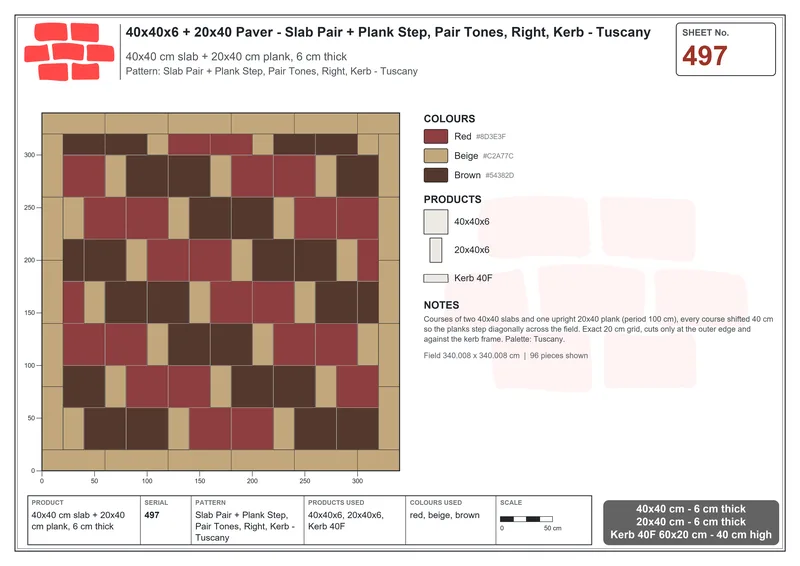 Interlock (Pasco) 40x40 cm · SQ44-497 · Slab Pair + Plank Step, Pair Tones, Right, Kerb - Tuscany · Laying plan Interlock (Pasco) 40x40 cm · SQ44-497 · Slab Pair + Plank Step, Pair Tones, Right, Kerb - Tuscany · Laying plan