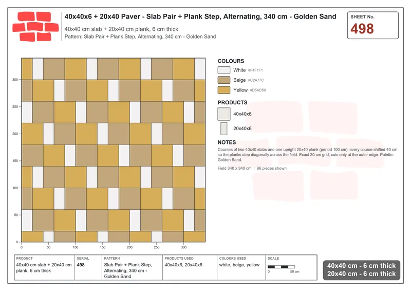 Interlock (Pasco) 40x40 cm · SQ44-498 · Slab Pair + Plank Step, Alternating, 340 cm - Golden Sand · Laying plan Interlock (Pasco) 40x40 cm · SQ44-498 · Slab Pair + Plank Step, Alternating, 340 cm - Golden Sand · Laying plan