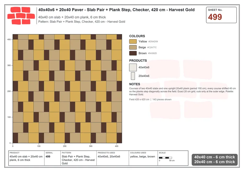 Interlock (Pasco) 40x40 cm · SQ44-499 · Slab Pair + Plank Step, Checker, 420 cm - Harvest Gold · Laying plan Interlock (Pasco) 40x40 cm · SQ44-499 · Slab Pair + Plank Step, Checker, 420 cm - Harvest Gold · Laying plan