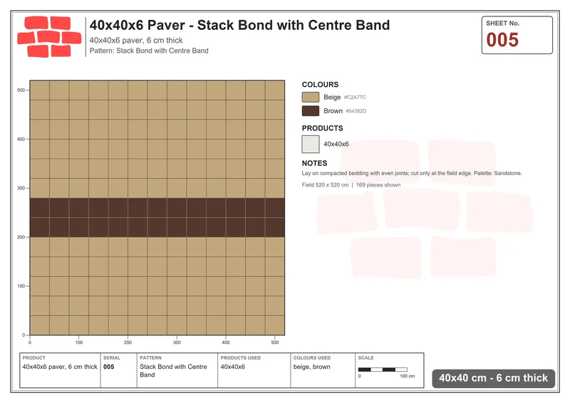 Interlock (Pasco) 40x40 cm · SQ44-5 · Stack Bond with Centre Band · Laying plan Interlock (Pasco) 40x40 cm · SQ44-5 · Stack Bond with Centre Band · Laying plan
