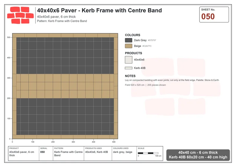 Interlock (Pasco) 40x40 cm · SQ44-50 · Kerb Frame with Centre Band · Laying plan Interlock (Pasco) 40x40 cm · SQ44-50 · Kerb Frame with Centre Band · Laying plan