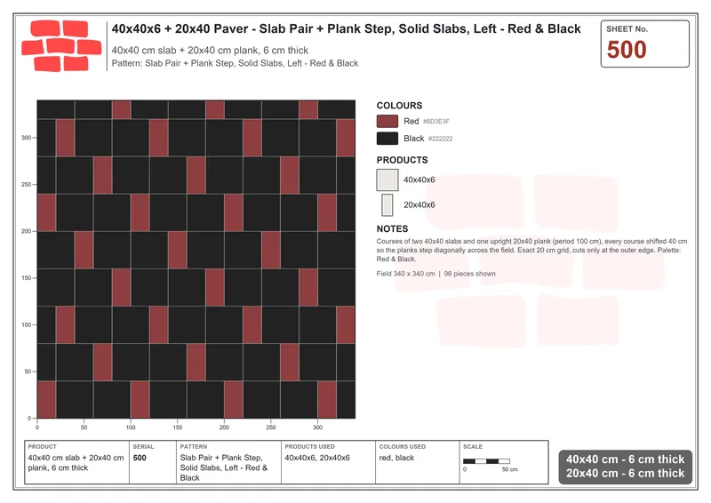 Interlock (Pasco) 40x40 cm · SQ44-500 · Slab Pair + Plank Step, Solid Slabs, Left - Red & Black · Laying plan