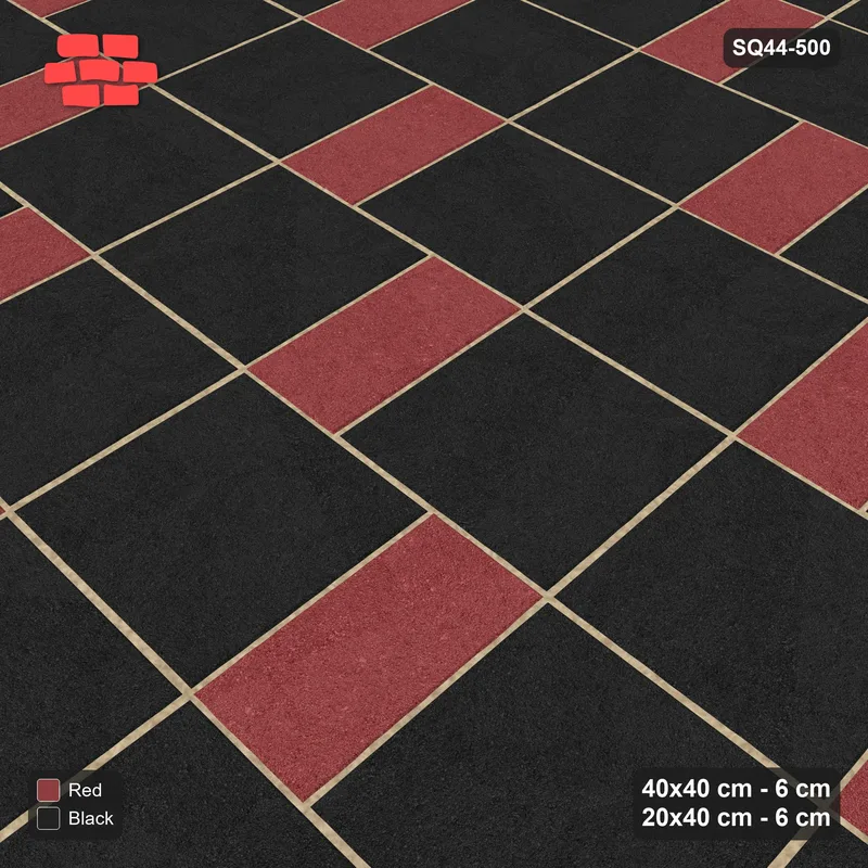 Interlock (Pasco) 40x40 cm · SQ44-500 · Slab Pair + Plank Step, Solid Slabs, Left - Red & Black · Side view