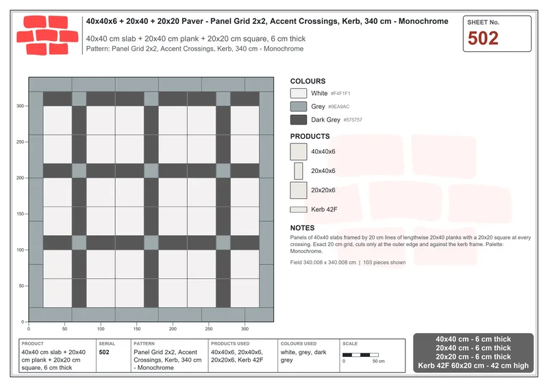 Interlock (Pasco) 40x40 cm · SQ44-502 · Panel Grid 2x2, Accent Crossings, Kerb, 340 cm - Monochrome · Laying plan Interlock (Pasco) 40x40 cm · SQ44-502 · Panel Grid 2x2, Accent Crossings, Kerb, 340 cm - Monochrome · Laying plan