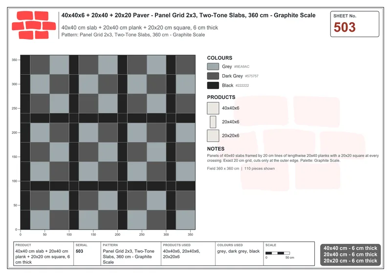 Interlock (Pasco) 40x40 cm · SQ44-503 · Panel Grid 2x3, Two-Tone Slabs, 360 cm - Graphite Scale · Laying plan Interlock (Pasco) 40x40 cm · SQ44-503 · Panel Grid 2x3, Two-Tone Slabs, 360 cm - Graphite Scale · Laying plan
