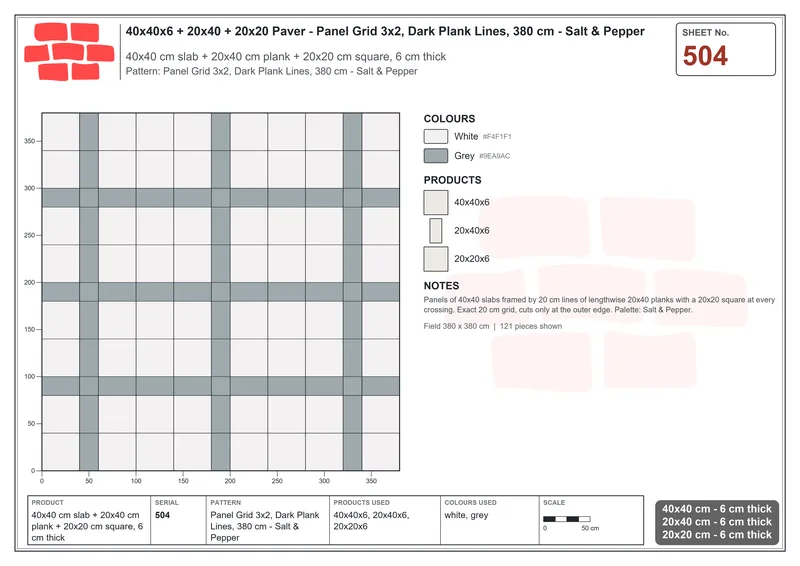 Interlock (Pasco) 40x40 cm · SQ44-504 · Panel Grid 3x2, Dark Plank Lines, 380 cm - Salt & Pepper · Laying plan Interlock (Pasco) 40x40 cm · SQ44-504 · Panel Grid 3x2, Dark Plank Lines, 380 cm - Salt & Pepper · Laying plan