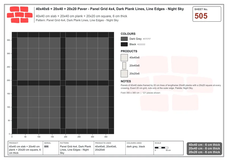 Interlock (Pasco) 40x40 cm · SQ44-505 · Panel Grid 4x4, Dark Plank Lines, Line Edges - Night Sky · Laying plan Interlock (Pasco) 40x40 cm · SQ44-505 · Panel Grid 4x4, Dark Plank Lines, Line Edges - Night Sky · Laying plan