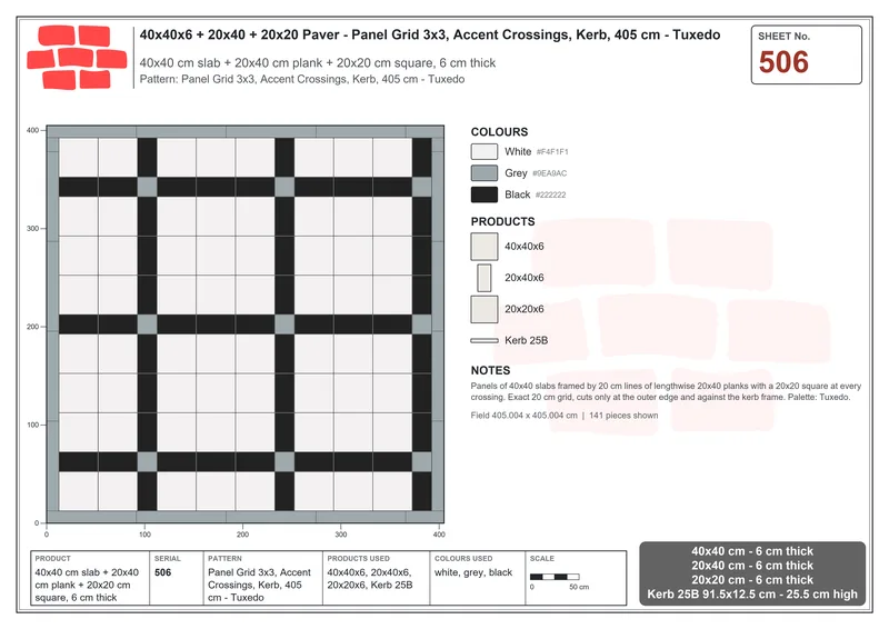 Interlock (Pasco) 40x40 cm · SQ44-506 · Panel Grid 3x3, Accent Crossings, Kerb, 405 cm - Tuxedo · Laying plan Interlock (Pasco) 40x40 cm · SQ44-506 · Panel Grid 3x3, Accent Crossings, Kerb, 405 cm - Tuxedo · Laying plan