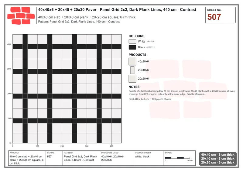 Interlock (Pasco) 40x40 cm · SQ44-507 · Panel Grid 2x2, Dark Plank Lines, 440 cm - Contrast · Laying plan Interlock (Pasco) 40x40 cm · SQ44-507 · Panel Grid 2x2, Dark Plank Lines, 440 cm - Contrast · Laying plan