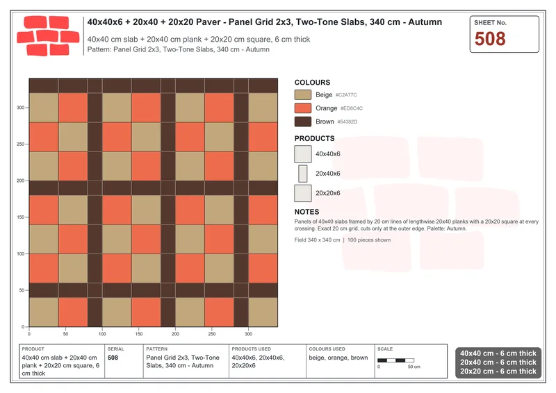 Interlock (Pasco) 40x40 cm · SQ44-508 · Panel Grid 2x3, Two-Tone Slabs, 340 cm - Autumn · Laying plan Interlock (Pasco) 40x40 cm · SQ44-508 · Panel Grid 2x3, Two-Tone Slabs, 340 cm - Autumn · Laying plan