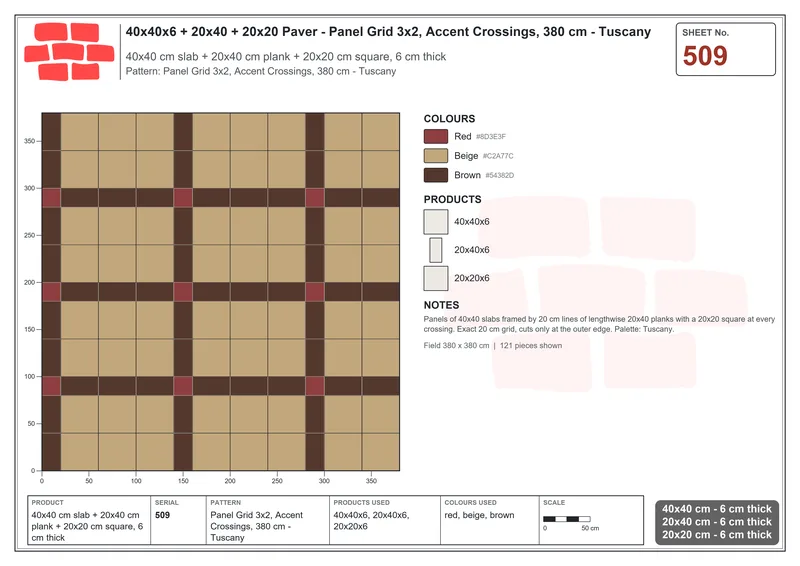 Interlock (Pasco) 40x40 cm · SQ44-509 · Panel Grid 3x2, Accent Crossings, 380 cm - Tuscany · Laying plan Interlock (Pasco) 40x40 cm · SQ44-509 · Panel Grid 3x2, Accent Crossings, 380 cm - Tuscany · Laying plan