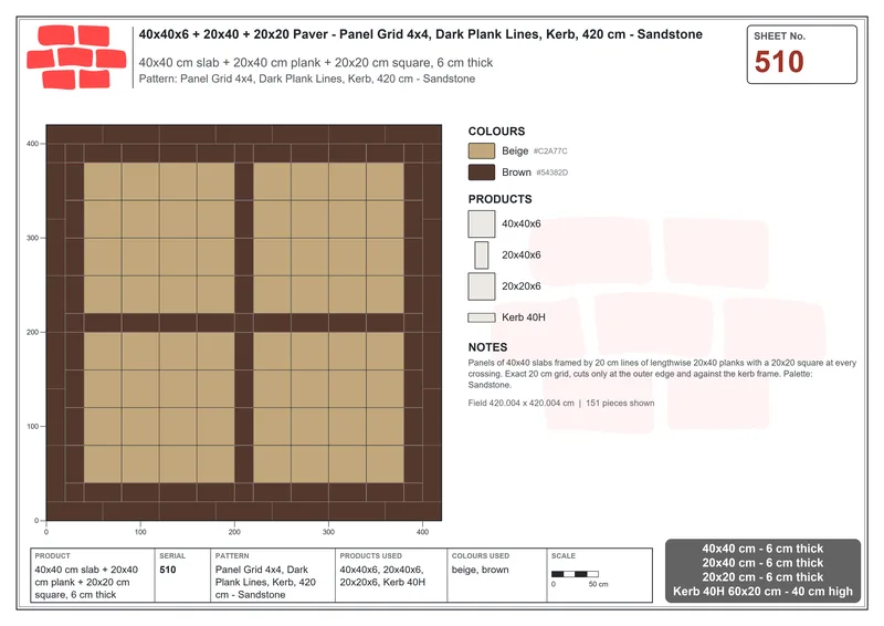 Interlock (Pasco) 40x40 cm · SQ44-510 · Panel Grid 4x4, Dark Plank Lines, Kerb, 420 cm - Sandstone · Laying plan Interlock (Pasco) 40x40 cm · SQ44-510 · Panel Grid 4x4, Dark Plank Lines, Kerb, 420 cm - Sandstone · Laying plan