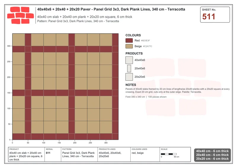 Interlock (Pasco) 40x40 cm · SQ44-511 · Panel Grid 3x3, Dark Plank Lines, 340 cm - Terracotta · Laying plan Interlock (Pasco) 40x40 cm · SQ44-511 · Panel Grid 3x3, Dark Plank Lines, 340 cm - Terracotta · Laying plan