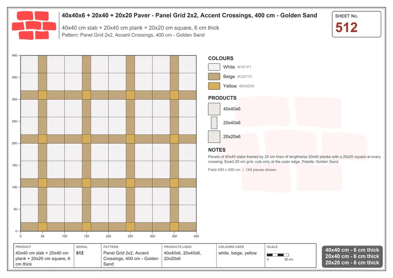 Interlock (Pasco) 40x40 cm · SQ44-512 · Panel Grid 2x2, Accent Crossings, 400 cm - Golden Sand · Laying plan Interlock (Pasco) 40x40 cm · SQ44-512 · Panel Grid 2x2, Accent Crossings, 400 cm - Golden Sand · Laying plan