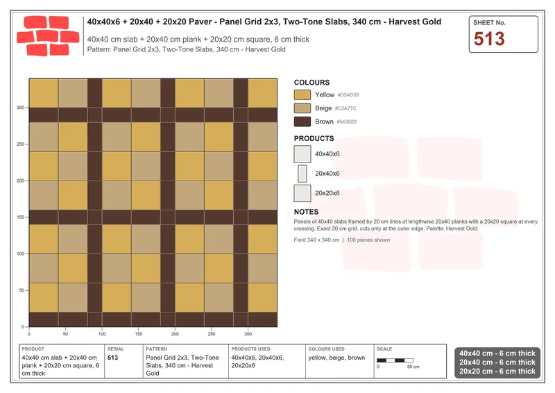 Interlock (Pasco) 40x40 cm · SQ44-513 · Panel Grid 2x3, Two-Tone Slabs, 340 cm - Harvest Gold · Laying plan Interlock (Pasco) 40x40 cm · SQ44-513 · Panel Grid 2x3, Two-Tone Slabs, 340 cm - Harvest Gold · Laying plan