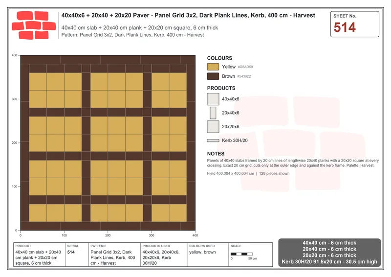 Interlock (Pasco) 40x40 cm · SQ44-514 · Panel Grid 3x2, Dark Plank Lines, Kerb, 400 cm - Harvest · Laying plan Interlock (Pasco) 40x40 cm · SQ44-514 · Panel Grid 3x2, Dark Plank Lines, Kerb, 400 cm - Harvest · Laying plan