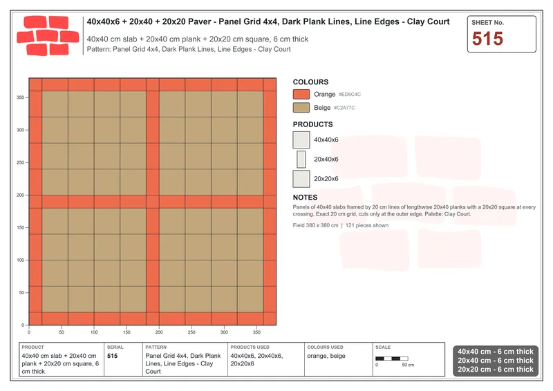 Interlock (Pasco) 40x40 cm · SQ44-515 · Panel Grid 4x4, Dark Plank Lines, Line Edges - Clay Court · Laying plan Interlock (Pasco) 40x40 cm · SQ44-515 · Panel Grid 4x4, Dark Plank Lines, Line Edges - Clay Court · Laying plan