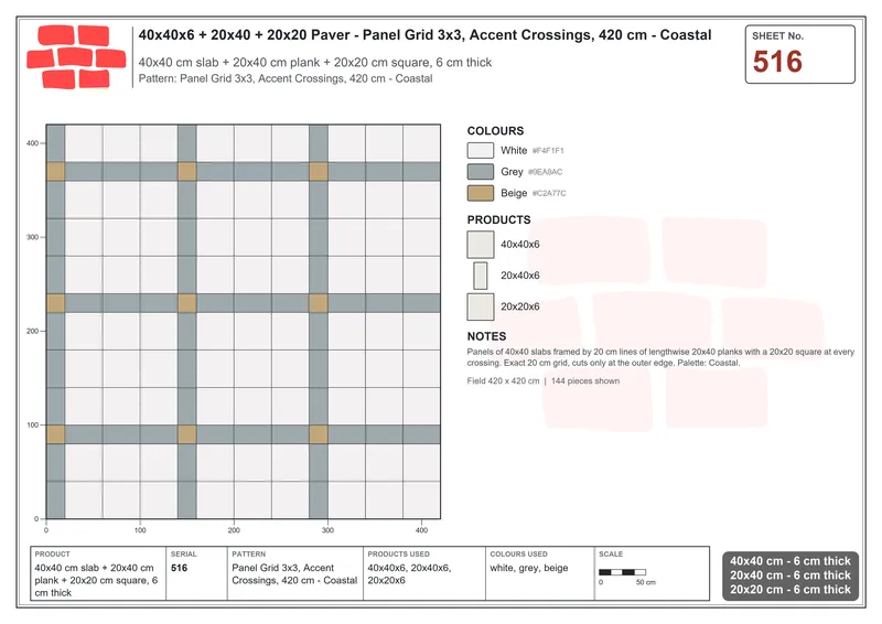Interlock (Pasco) 40x40 cm · SQ44-516 · Panel Grid 3x3, Accent Crossings, 420 cm - Coastal · Laying plan Interlock (Pasco) 40x40 cm · SQ44-516 · Panel Grid 3x3, Accent Crossings, 420 cm - Coastal · Laying plan
