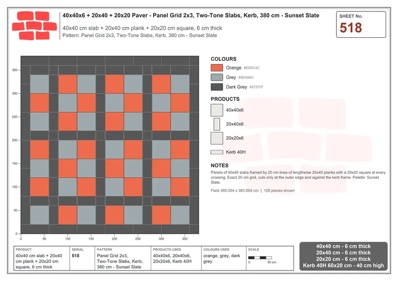 Interlock (Pasco) 40x40 cm · SQ44-518 · Panel Grid 2x3, Two-Tone Slabs, Kerb, 380 cm - Sunset Slate · Laying plan Interlock (Pasco) 40x40 cm · SQ44-518 · Panel Grid 2x3, Two-Tone Slabs, Kerb, 380 cm - Sunset Slate · Laying plan