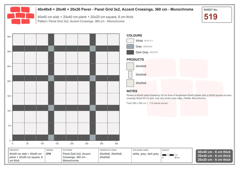 Interlock (Pasco) 40x40 cm · SQ44-519 · Panel Grid 3x2, Accent Crossings, 360 cm - Monochrome · Laying plan Interlock (Pasco) 40x40 cm · SQ44-519 · Panel Grid 3x2, Accent Crossings, 360 cm - Monochrome · Laying plan