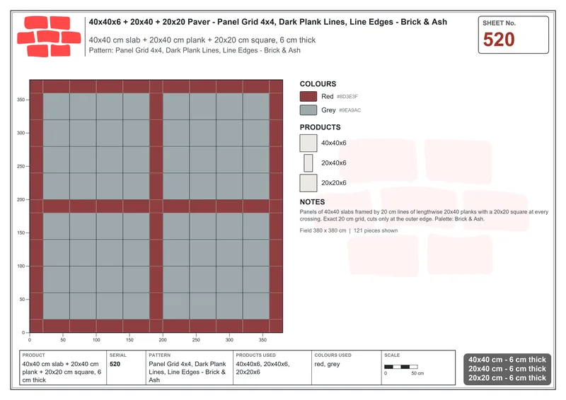 Interlock (Pasco) 40x40 cm · SQ44-520 · Panel Grid 4x4, Dark Plank Lines, Line Edges - Brick & Ash · Laying plan Interlock (Pasco) 40x40 cm · SQ44-520 · Panel Grid 4x4, Dark Plank Lines, Line Edges - Brick & Ash · Laying plan