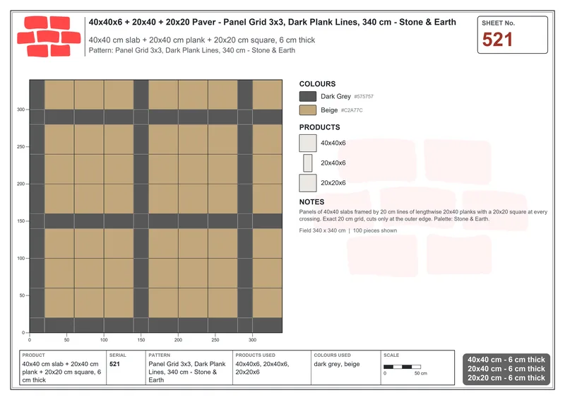 Interlock (Pasco) 40x40 cm · SQ44-521 · Panel Grid 3x3, Dark Plank Lines, 340 cm - Stone & Earth · Laying plan Interlock (Pasco) 40x40 cm · SQ44-521 · Panel Grid 3x3, Dark Plank Lines, 340 cm - Stone & Earth · Laying plan