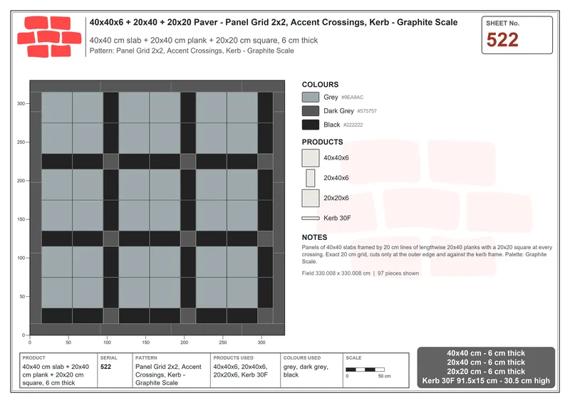 Interlock (Pasco) 40x40 cm · SQ44-522 · Panel Grid 2x2, Accent Crossings, Kerb - Graphite Scale · Laying plan Interlock (Pasco) 40x40 cm · SQ44-522 · Panel Grid 2x2, Accent Crossings, Kerb - Graphite Scale · Laying plan