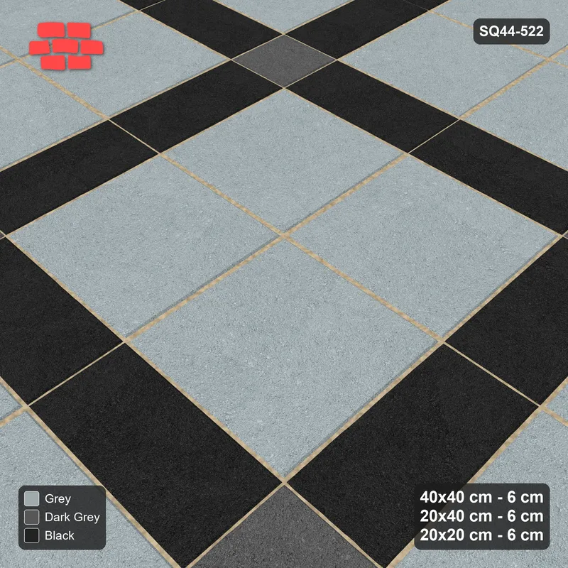 Interlock (Pasco) 40x40 cm · SQ44-522 · Panel Grid 2x2, Accent Crossings, Kerb - Graphite Scale · Side view Interlock (Pasco) 40x40 cm · SQ44-522 · Panel Grid 2x2, Accent Crossings, Kerb - Graphite Scale · Side view