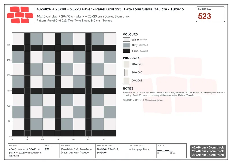 Interlock (Pasco) 40x40 cm · SQ44-523 · Panel Grid 2x3, Two-Tone Slabs, 340 cm - Tuxedo · Laying plan Interlock (Pasco) 40x40 cm · SQ44-523 · Panel Grid 2x3, Two-Tone Slabs, 340 cm - Tuxedo · Laying plan