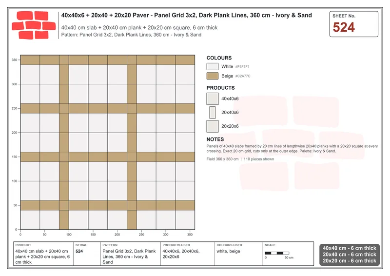 Interlock (Pasco) 40x40 cm · SQ44-524 · Panel Grid 3x2, Dark Plank Lines, 360 cm - Ivory & Sand · Laying plan Interlock (Pasco) 40x40 cm · SQ44-524 · Panel Grid 3x2, Dark Plank Lines, 360 cm - Ivory & Sand · Laying plan