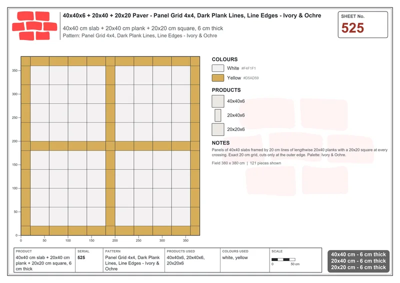 Interlock (Pasco) 40x40 cm · SQ44-525 · Panel Grid 4x4, Dark Plank Lines, Line Edges - Ivory & Ochre · Laying plan Interlock (Pasco) 40x40 cm · SQ44-525 · Panel Grid 4x4, Dark Plank Lines, Line Edges - Ivory & Ochre · Laying plan