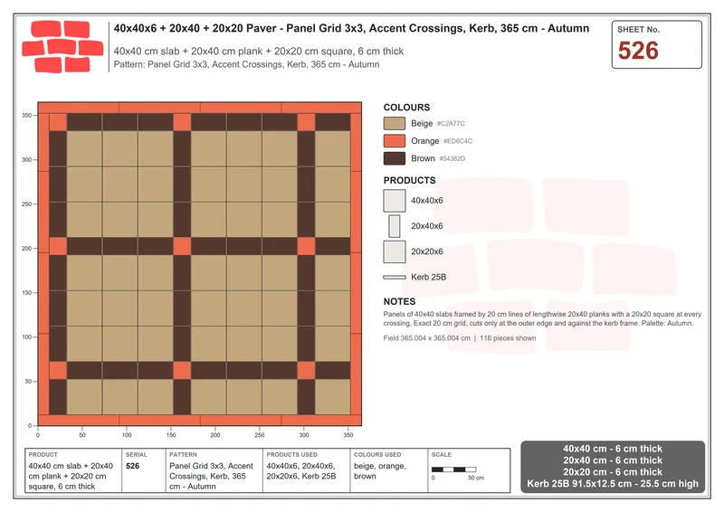 Interlock (Pasco) 40x40 cm · SQ44-526 · Panel Grid 3x3, Accent Crossings, Kerb, 365 cm - Autumn · Laying plan Interlock (Pasco) 40x40 cm · SQ44-526 · Panel Grid 3x3, Accent Crossings, Kerb, 365 cm - Autumn · Laying plan