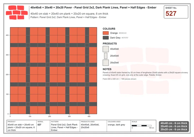 Interlock (Pasco) 40x40 cm · SQ44-527 · Panel Grid 2x2, Dark Plank Lines, Panel + Half Edges - Ember · Laying plan Interlock (Pasco) 40x40 cm · SQ44-527 · Panel Grid 2x2, Dark Plank Lines, Panel + Half Edges - Ember · Laying plan