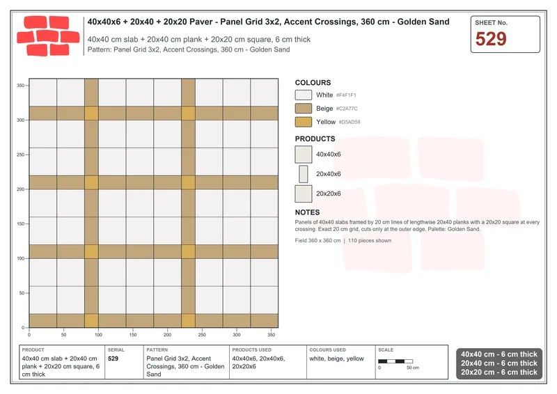 Interlock (Pasco) 40x40 cm · SQ44-529 · Panel Grid 3x2, Accent Crossings, 360 cm - Golden Sand · Laying plan Interlock (Pasco) 40x40 cm · SQ44-529 · Panel Grid 3x2, Accent Crossings, 360 cm - Golden Sand · Laying plan