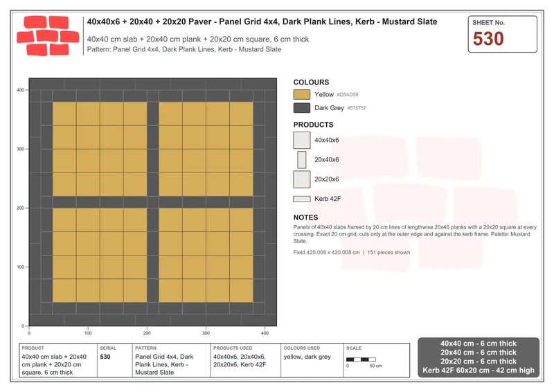 Interlock (Pasco) 40x40 cm · SQ44-530 · Panel Grid 4x4, Dark Plank Lines, Kerb - Mustard Slate · Laying plan Interlock (Pasco) 40x40 cm · SQ44-530 · Panel Grid 4x4, Dark Plank Lines, Kerb - Mustard Slate · Laying plan